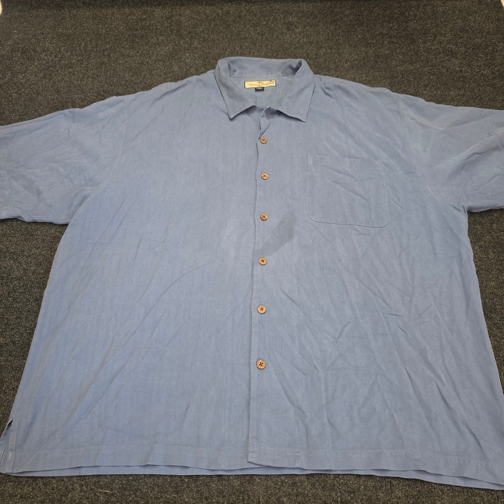 Tommy Bahama Mens XXL Blue 100% Silk Herringbone Short Sleeve Camp Shirt